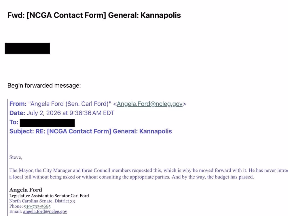 inform-cabarrus-sb876-carl-ford-email Screenshot of an email from Senator Ford's office stating that the bill was requested from current elected officials.